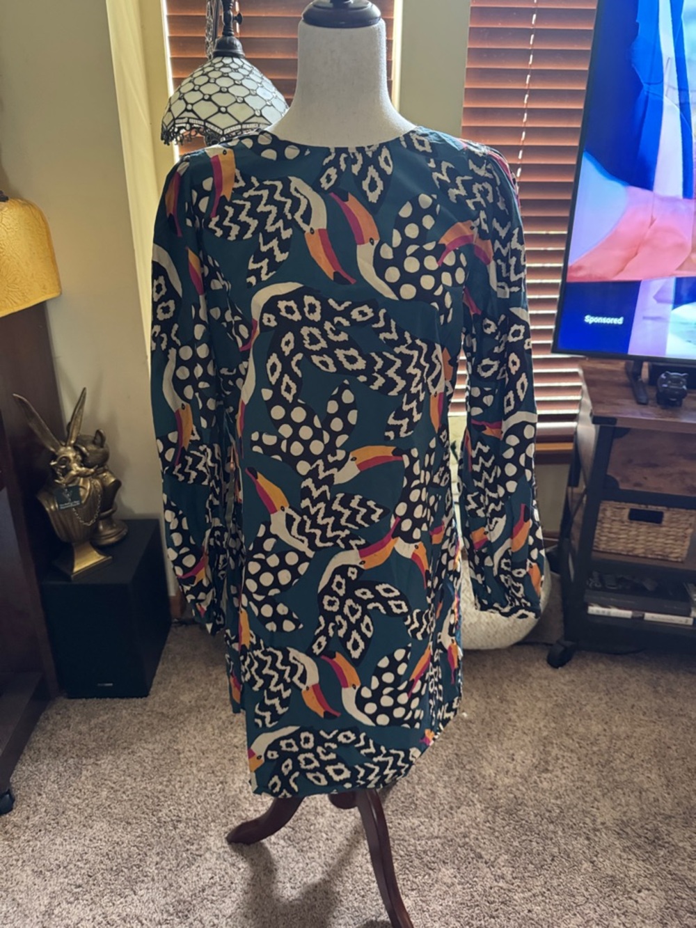 FARM Rio Teal Abstract Printed Long Sleeve Shift Dress with Multicolor Accents